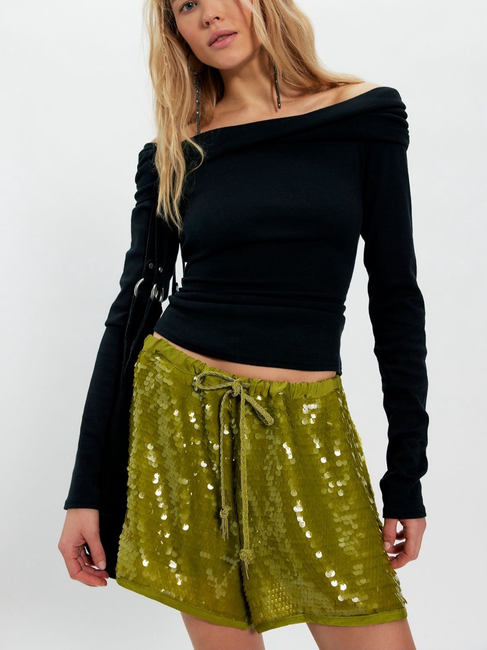 Free people Wisteria sequin shorts w Drawstrings Green Sz XS oversized Festival - Picture 3 of 15